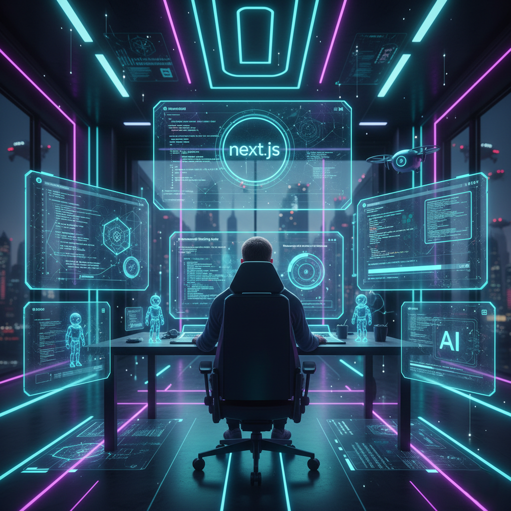 Futuristic developer workspace with AI agents autonomously handling multiple coding tasks simultaneously