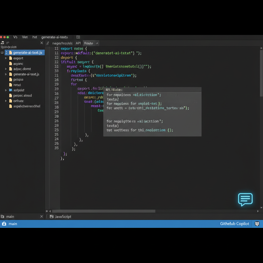 VS Code editor showing AI-assisted Next.js API route generation with Copilot suggestions