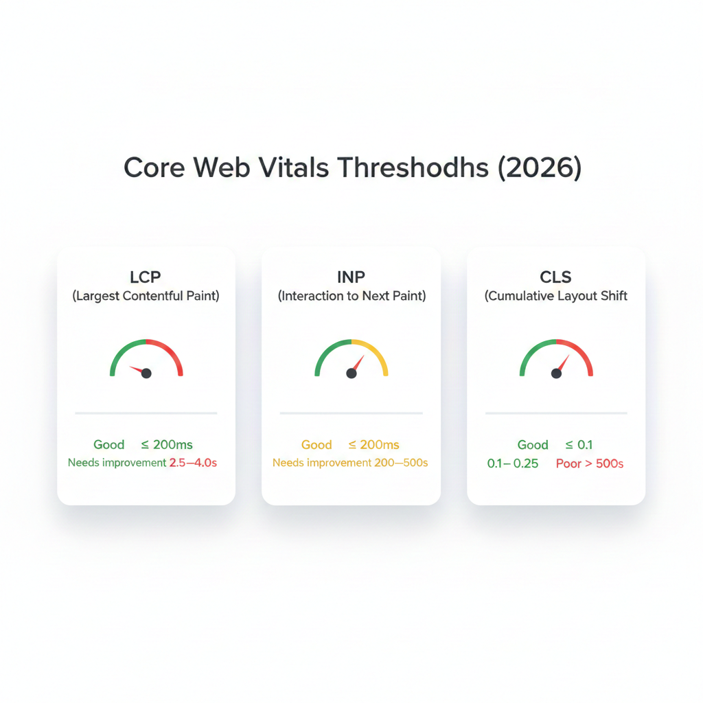Core Web Vitals dashboard showing LCP, INP, and CLS thresholds